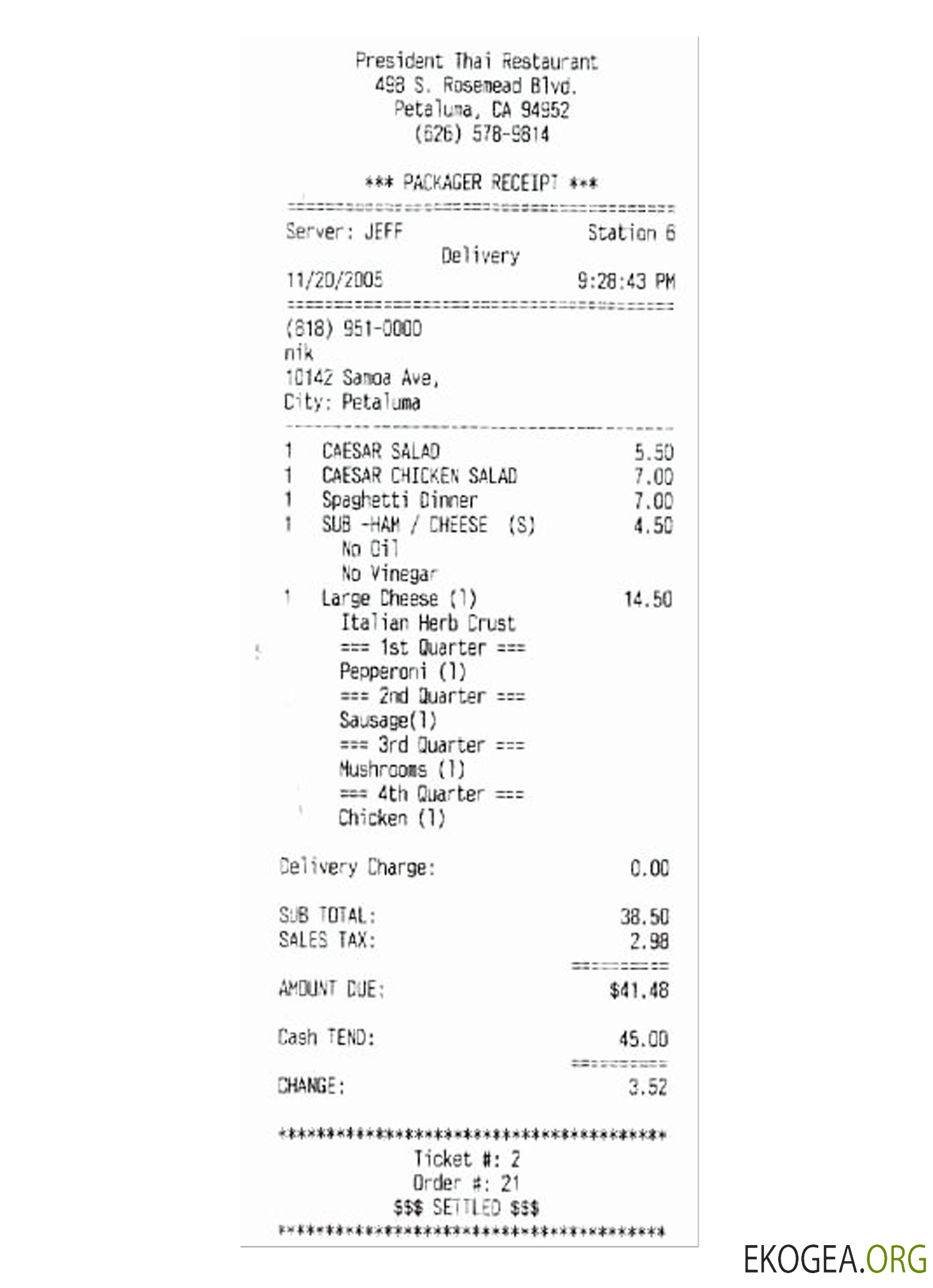 Chèque de paiement PRESIDENT THAI RESTAURANT